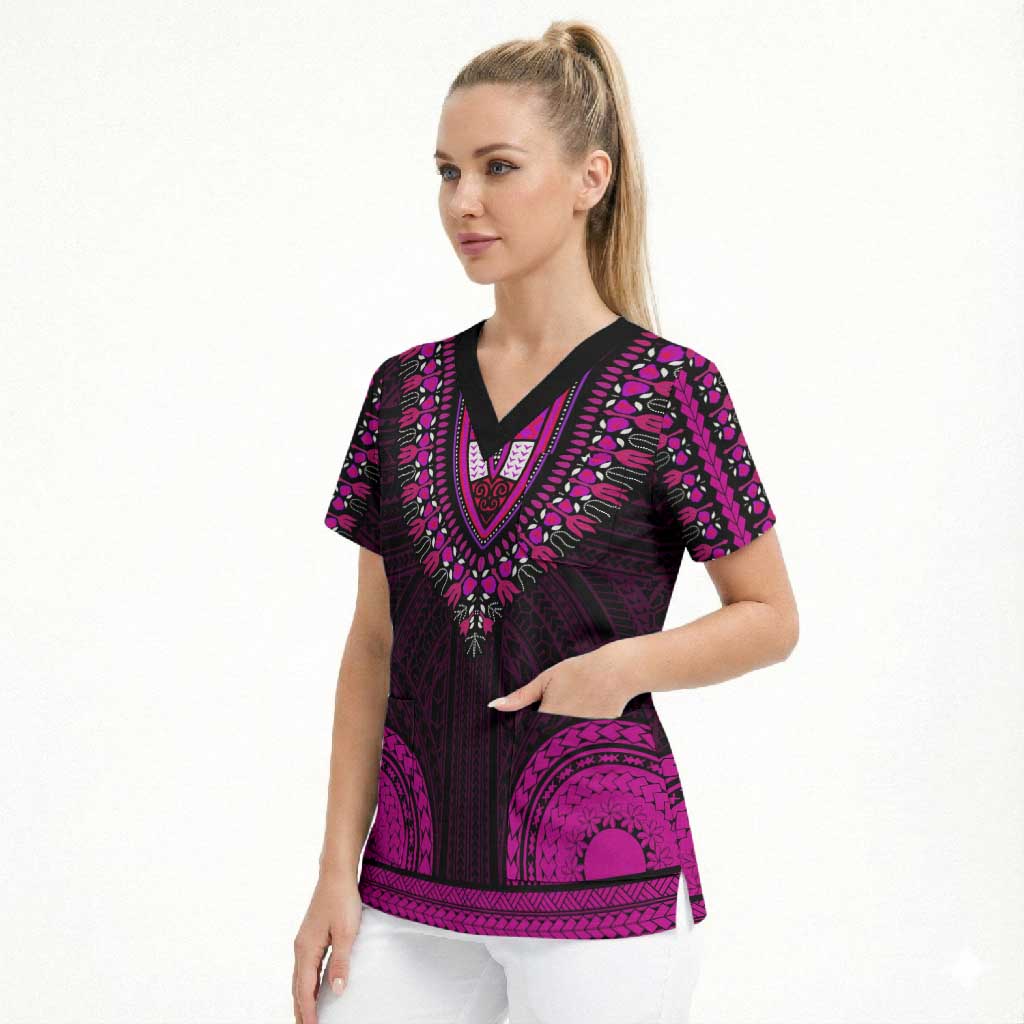 African Dashiki and Polynesian Pattern Scrub Top Pink