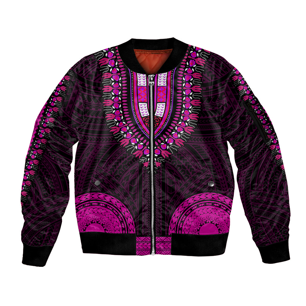 African Dashiki Sleeve Zip Bomber Jacket With Polynesian Pattern - Pink - Wonder Print Shop