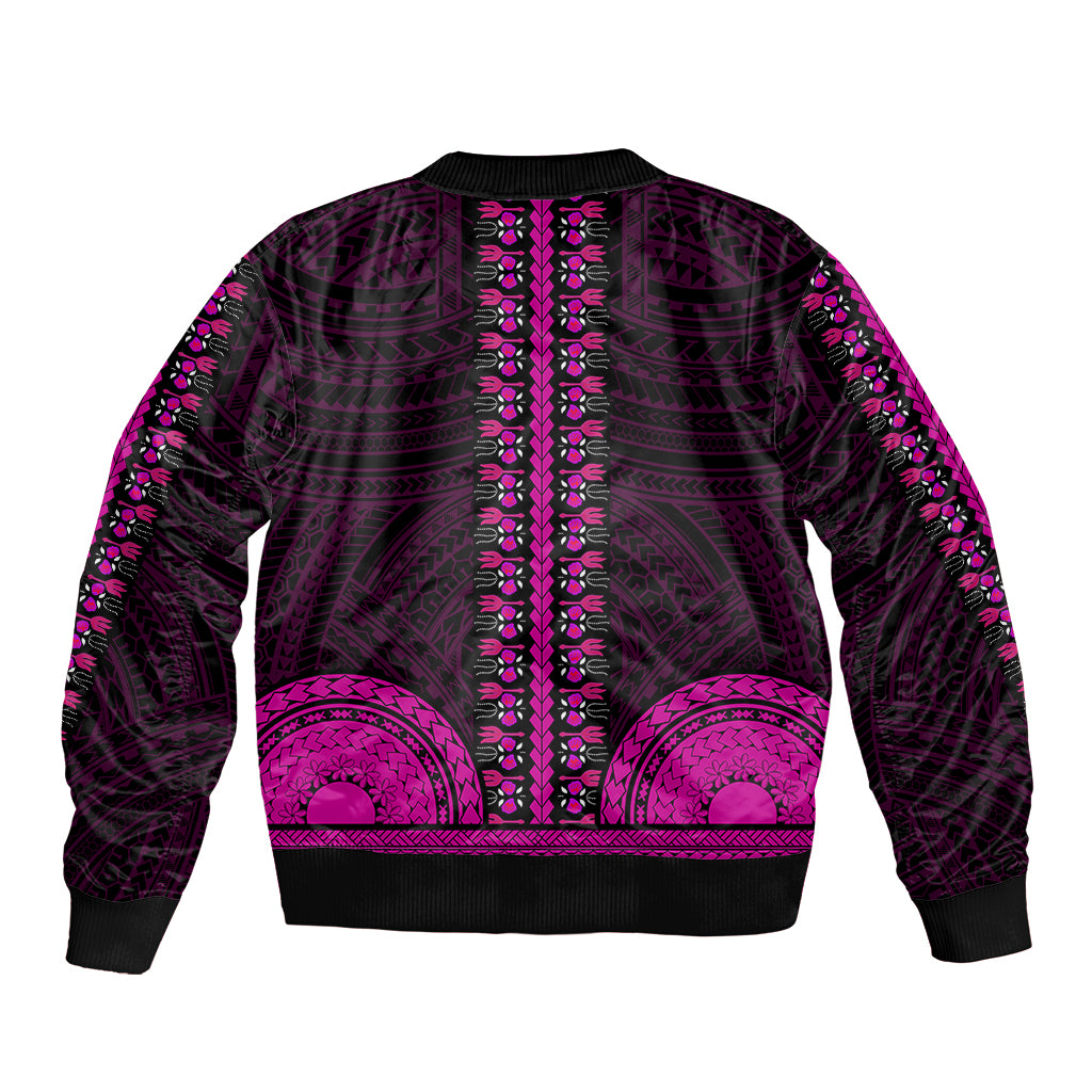 African Dashiki Sleeve Zip Bomber Jacket With Polynesian Pattern - Pink - Wonder Print Shop