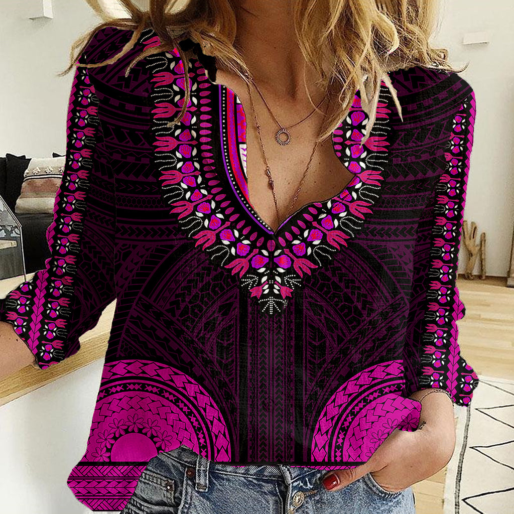 African Dashiki Women Casual Shirt With Polynesian Pattern - Pink - Wonder Print Shop