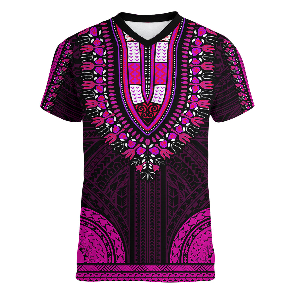 African Dashiki Women V Neck T Shirt With Polynesian Pattern - Pink - Wonder Print Shop