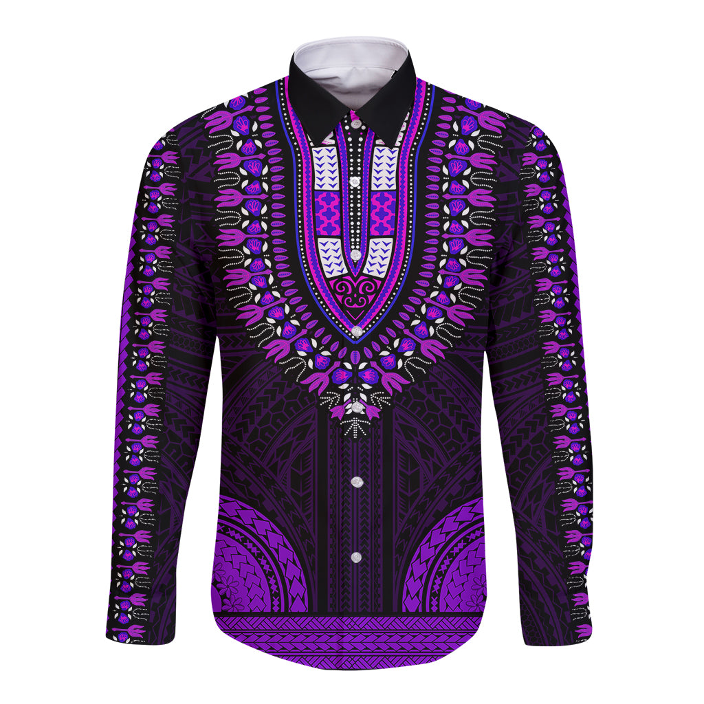 African Dashiki Long Sleeve Button Shirt With Polynesian Pattern - Purple - Wonder Print Shop