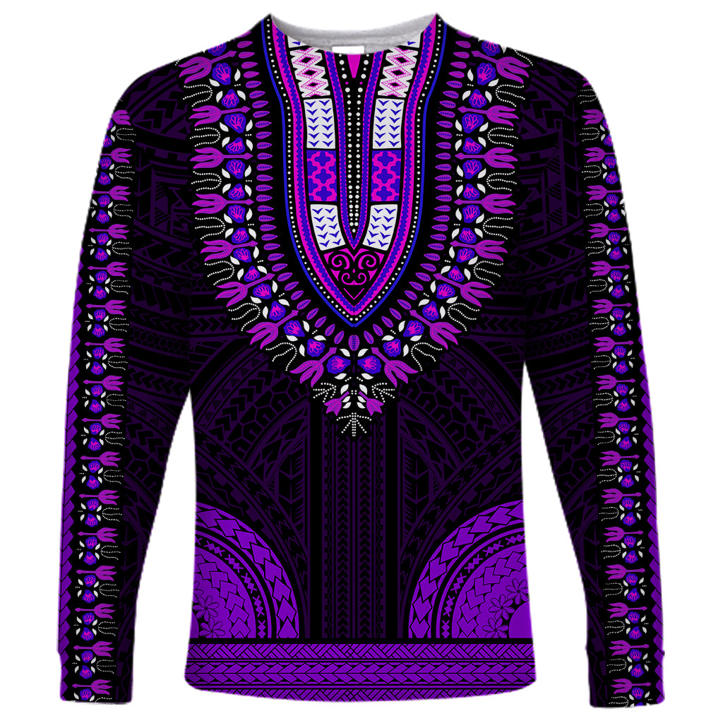 African Dashiki Long Sleeve Shirt With Polynesian Pattern - Purple - Wonder Print Shop