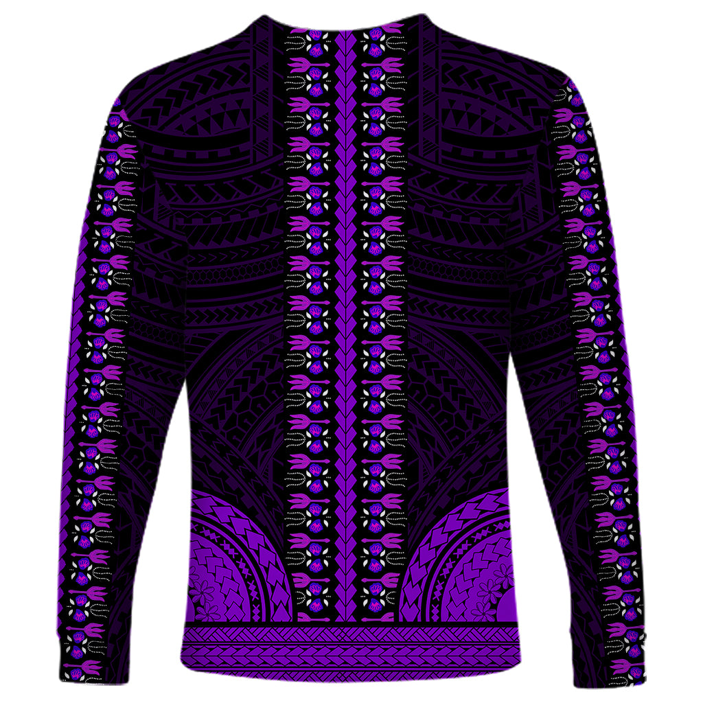African Dashiki Long Sleeve Shirt With Polynesian Pattern - Purple - Wonder Print Shop