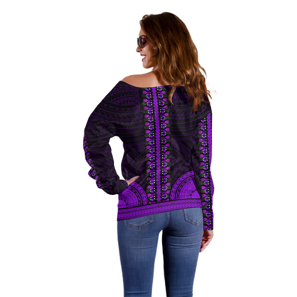 African Dashiki Off Shoulder Sweater With Polynesian Pattern - Purple - Wonder Print Shop