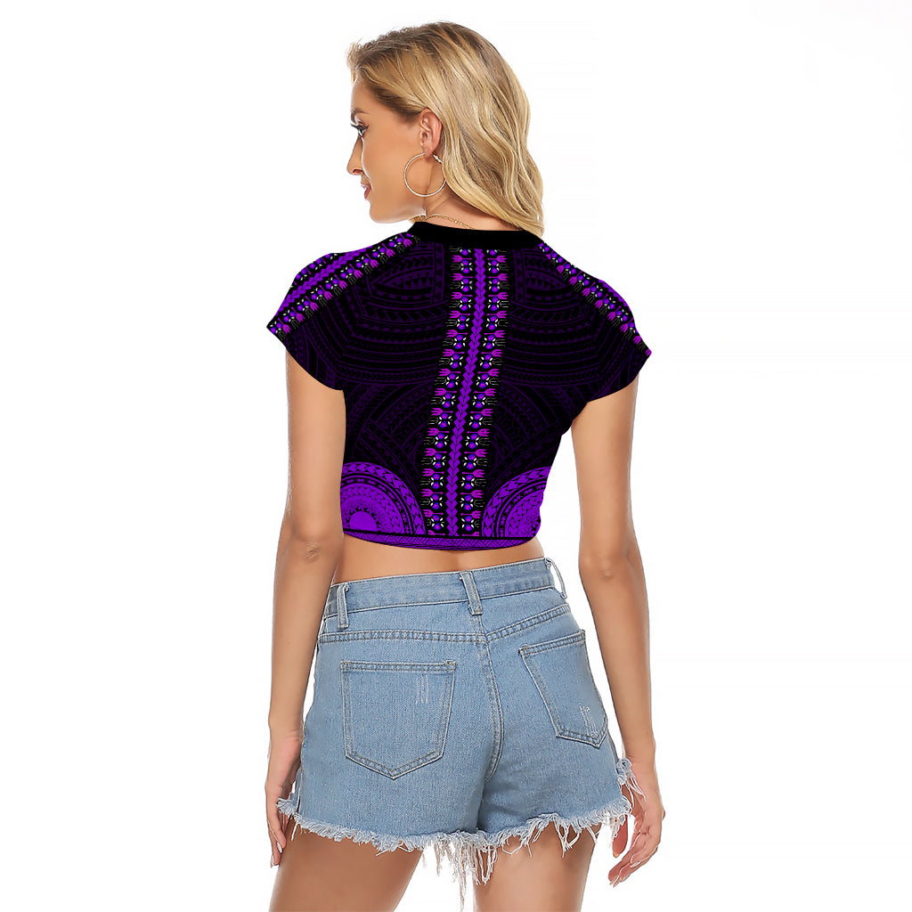 African Dashiki Raglan Cropped T Shirt With Polynesian Pattern - Purple - Wonder Print Shop