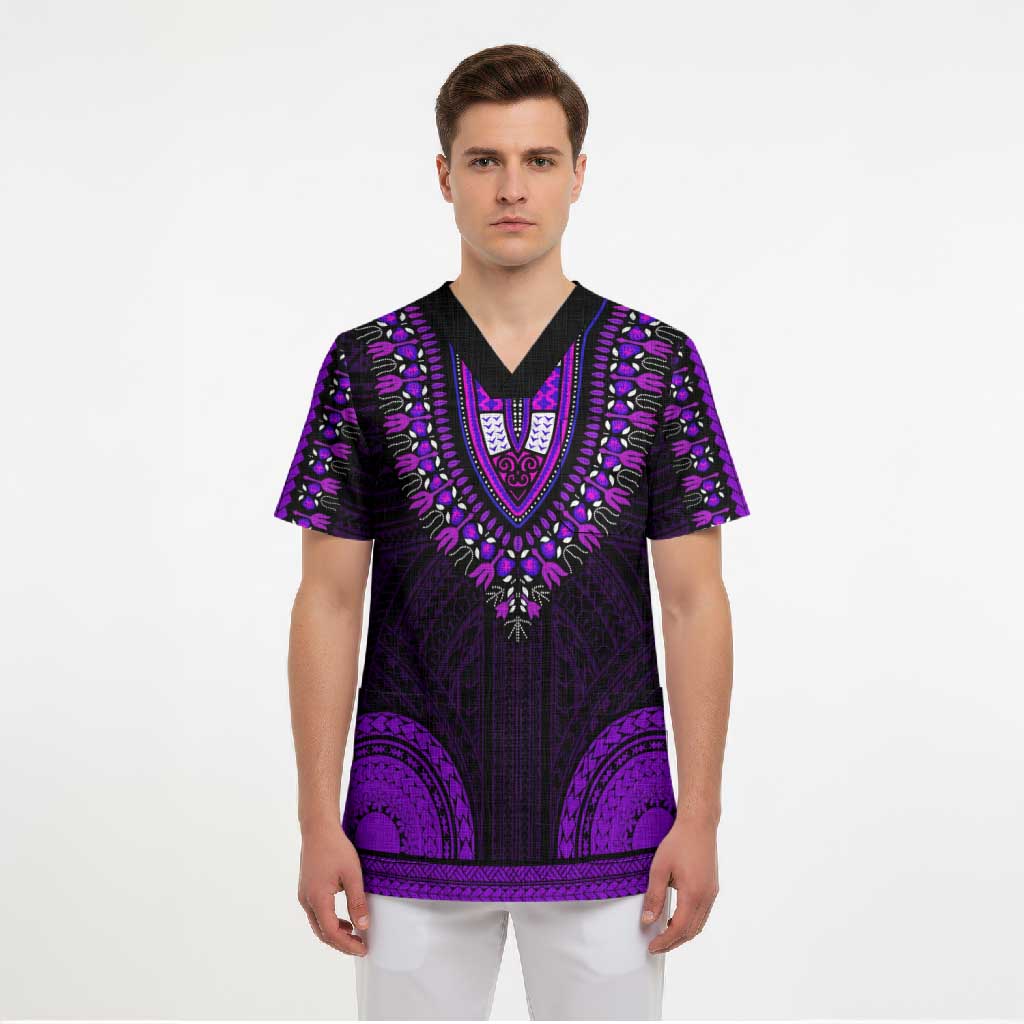 African Dashiki and Polynesian Pattern Scrub Top Purple