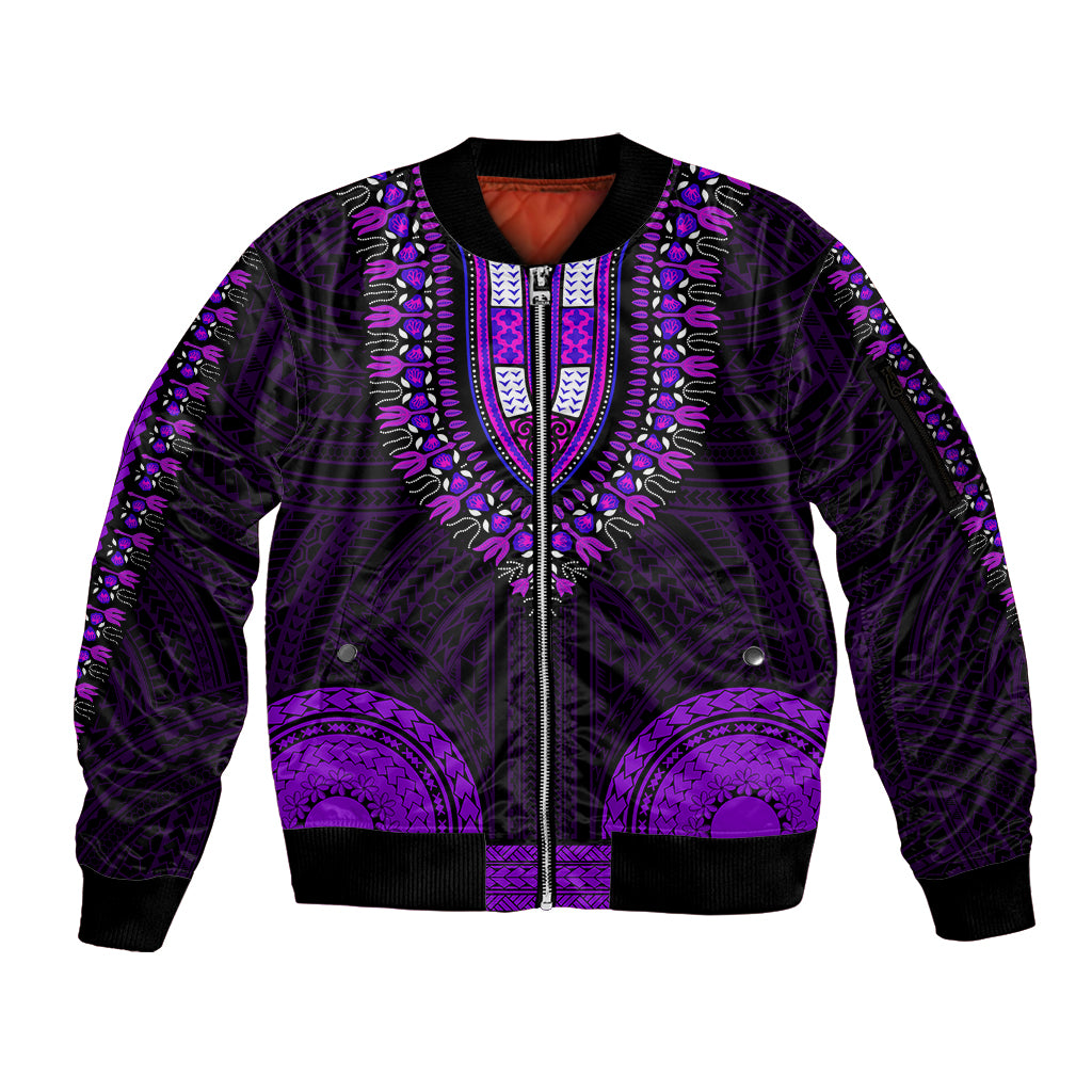 African Dashiki Sleeve Zip Bomber Jacket With Polynesian Pattern - Purple - Wonder Print Shop