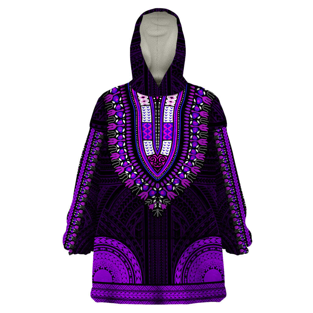 African Dashiki Wearable Blanket Hoodie With Polynesian Pattern - Purple - Wonder Print Shop