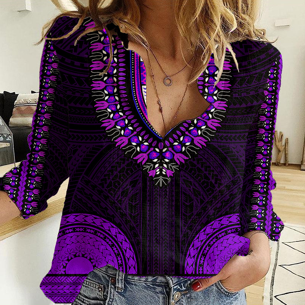 African Dashiki Women Casual Shirt With Polynesian Pattern - Purple - Wonder Print Shop
