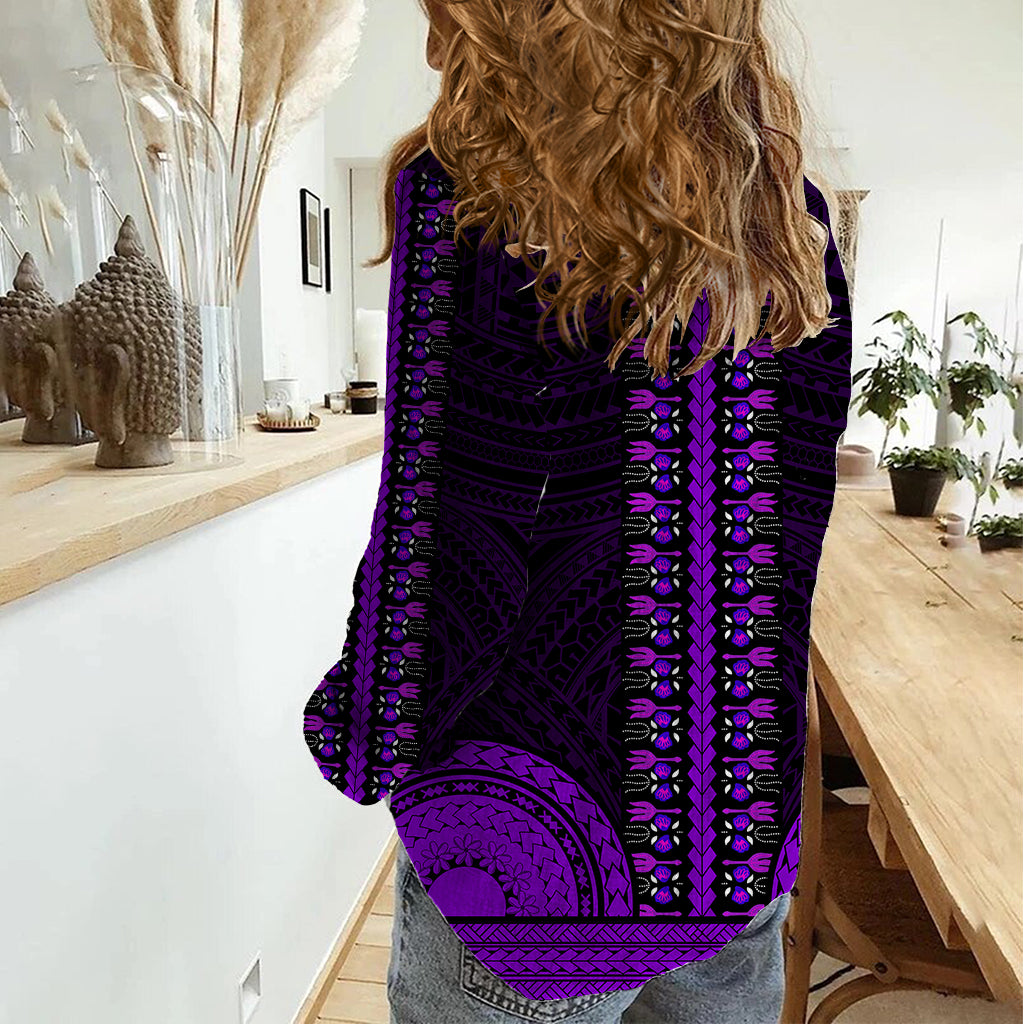 African Dashiki Women Casual Shirt With Polynesian Pattern - Purple - Wonder Print Shop