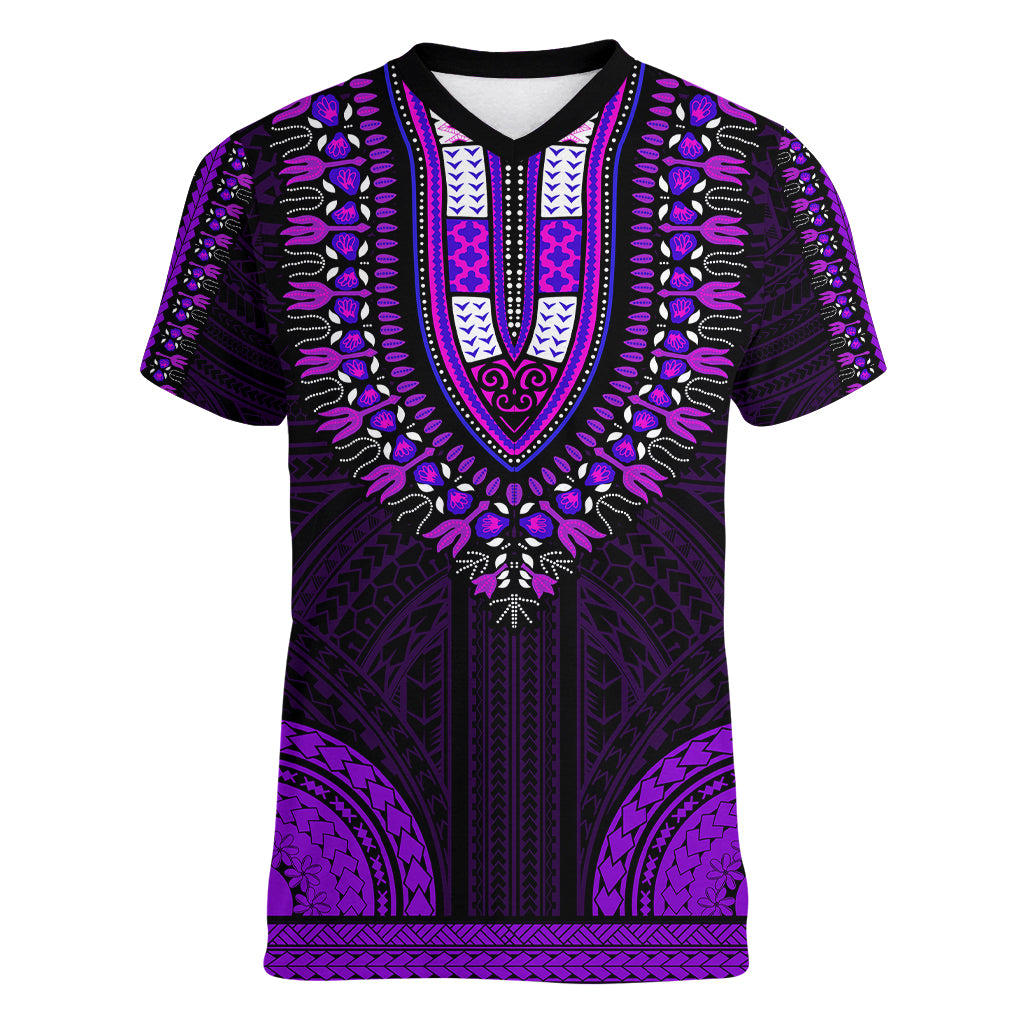 African Dashiki Women V Neck T Shirt With Polynesian Pattern - Purple - Wonder Print Shop