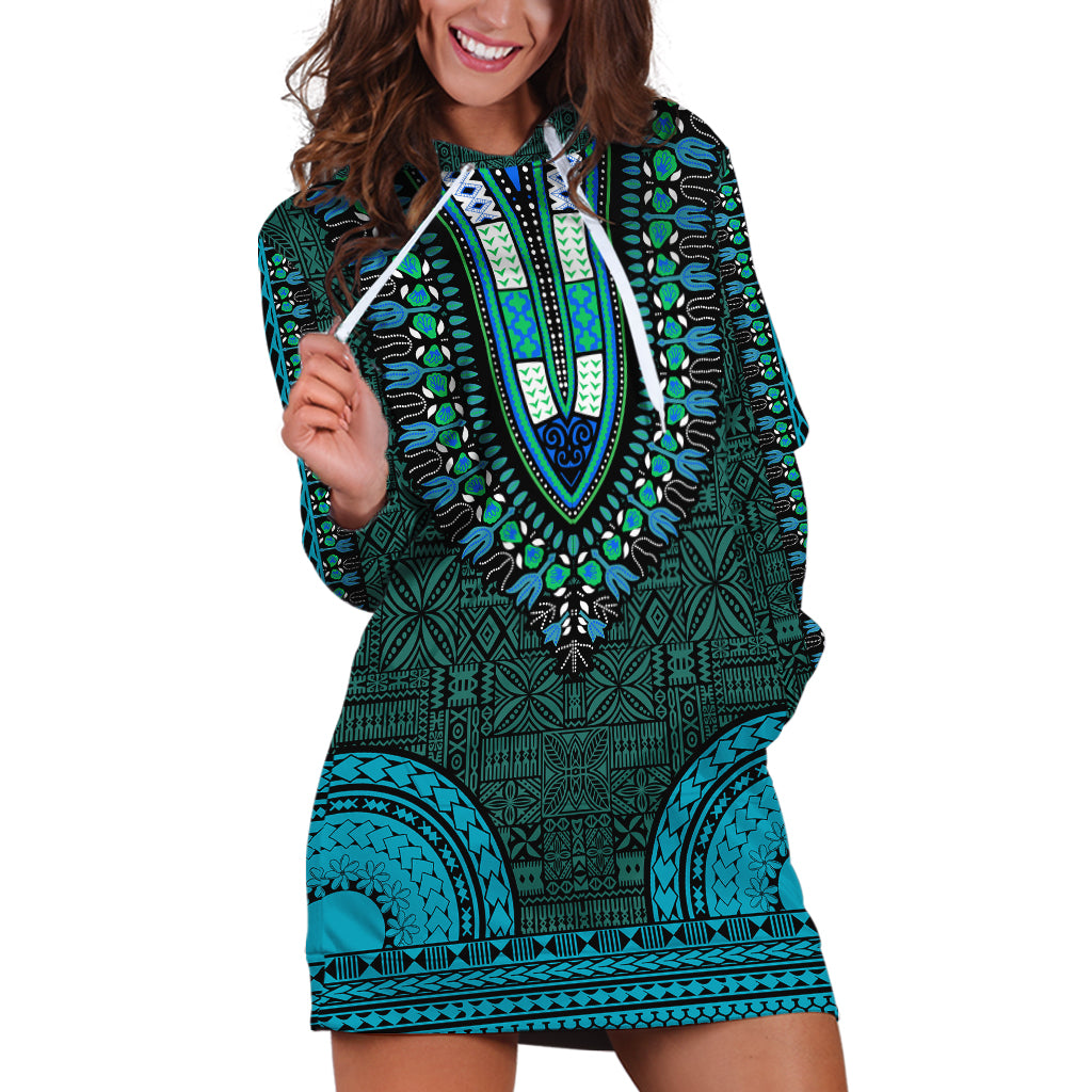 African Dashiki Hoodie Dress With Tapa Pattern - Teal - Wonder Print Shop