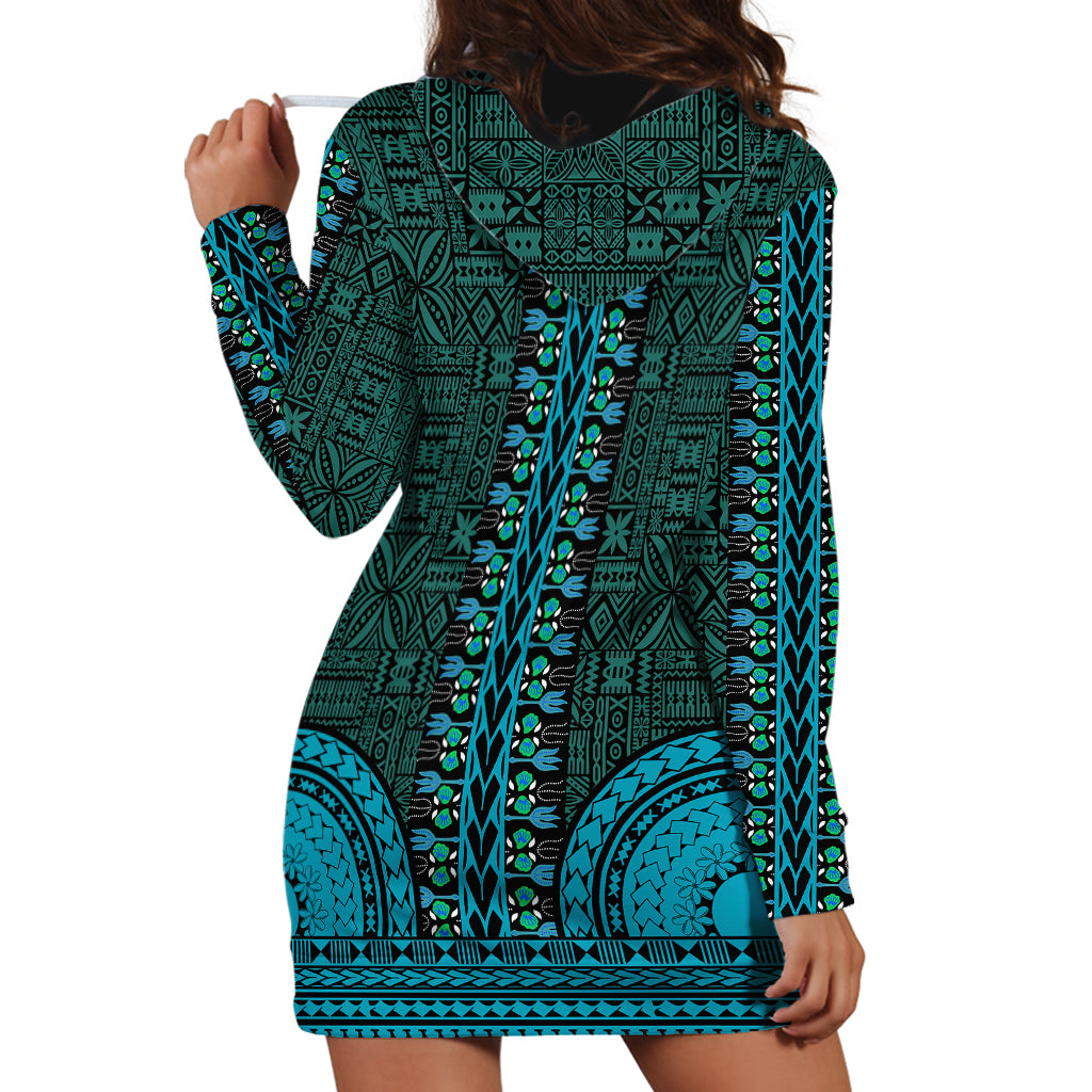 African Dashiki Hoodie Dress With Tapa Pattern - Teal - Wonder Print Shop