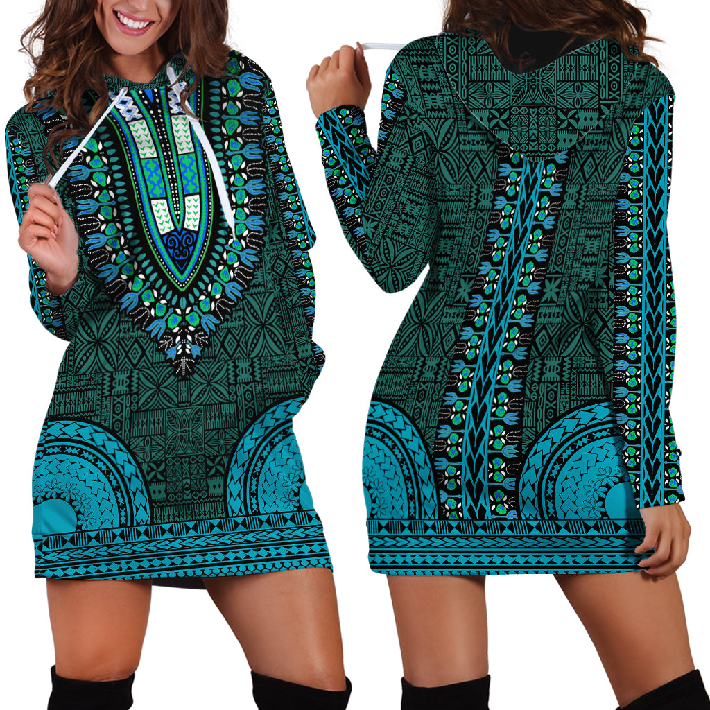 African Dashiki Hoodie Dress With Tapa Pattern - Teal - Wonder Print Shop