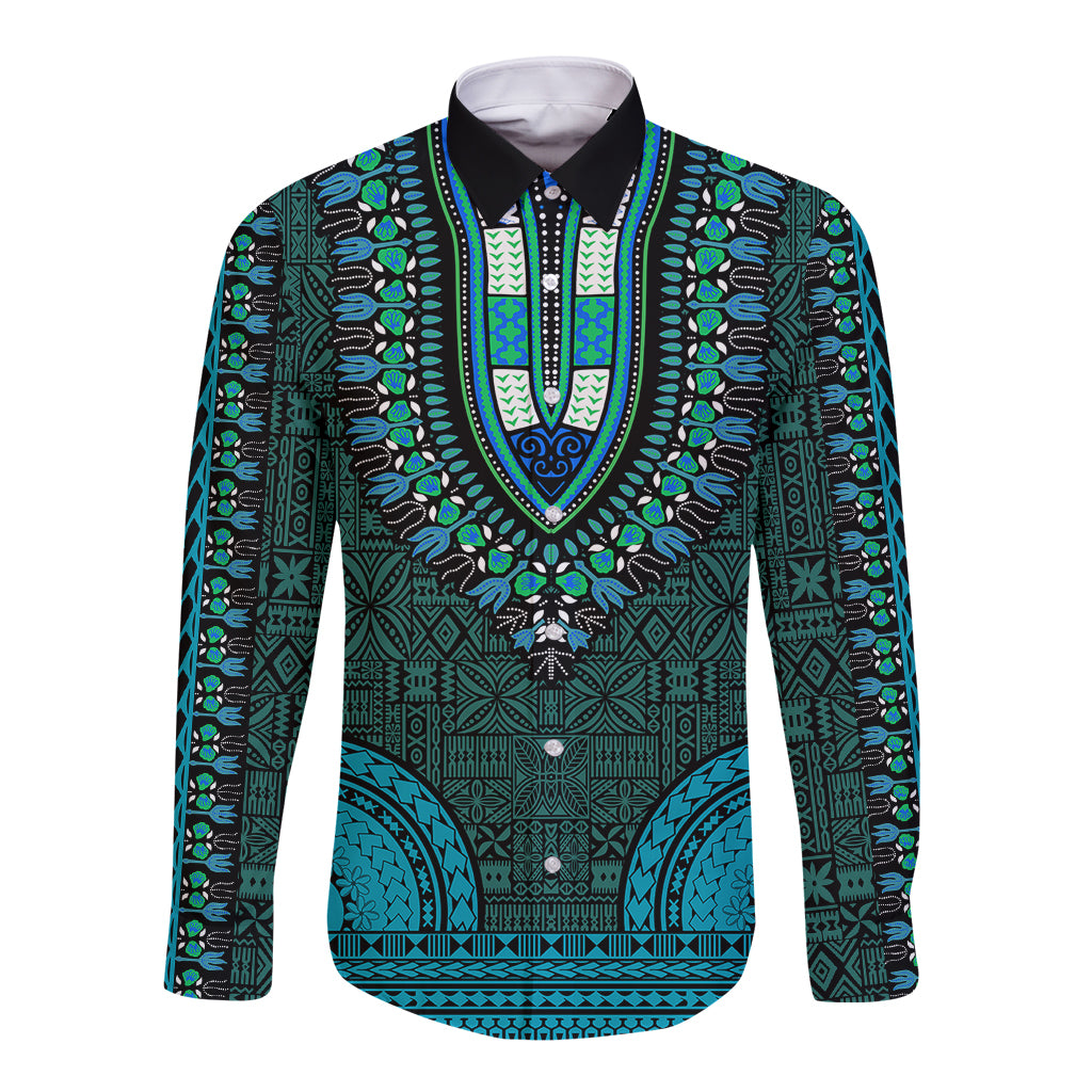 African Dashiki Long Sleeve Button Shirt With Tapa Pattern - Teal - Wonder Print Shop