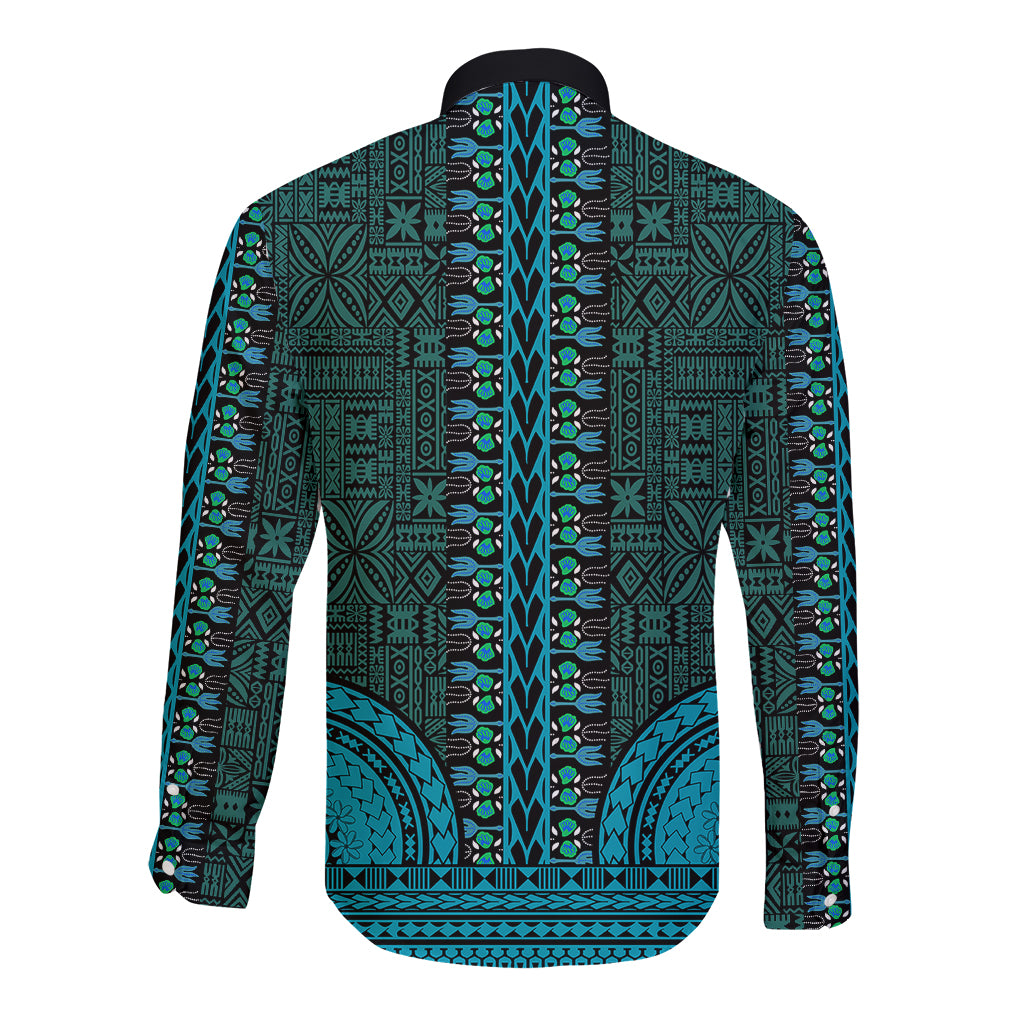 African Dashiki Long Sleeve Button Shirt With Tapa Pattern - Teal - Wonder Print Shop