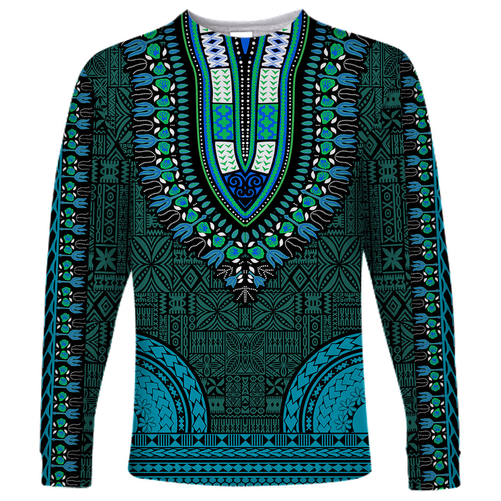 African Dashiki Long Sleeve Shirt With Tapa Pattern - Teal - Wonder Print Shop