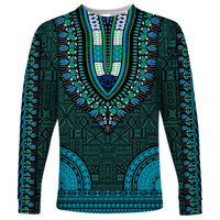 African Dashiki Long Sleeve Shirt With Tapa Pattern - Teal - Wonder Print Shop