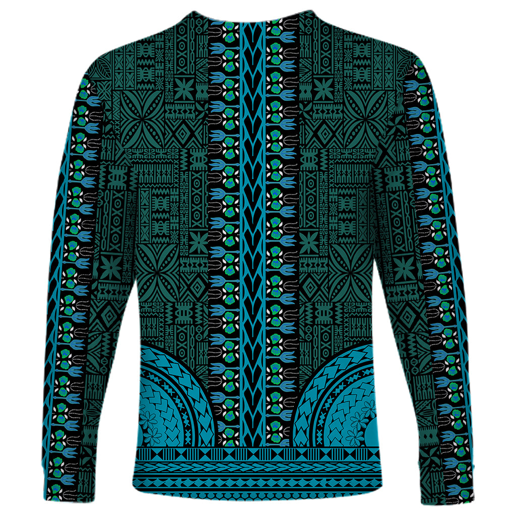 African Dashiki Long Sleeve Shirt With Tapa Pattern - Teal - Wonder Print Shop