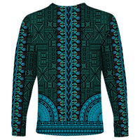 African Dashiki Long Sleeve Shirt With Tapa Pattern - Teal - Wonder Print Shop