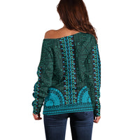 African Dashiki Off Shoulder Sweater With Tapa Pattern - Teal - Wonder Print Shop