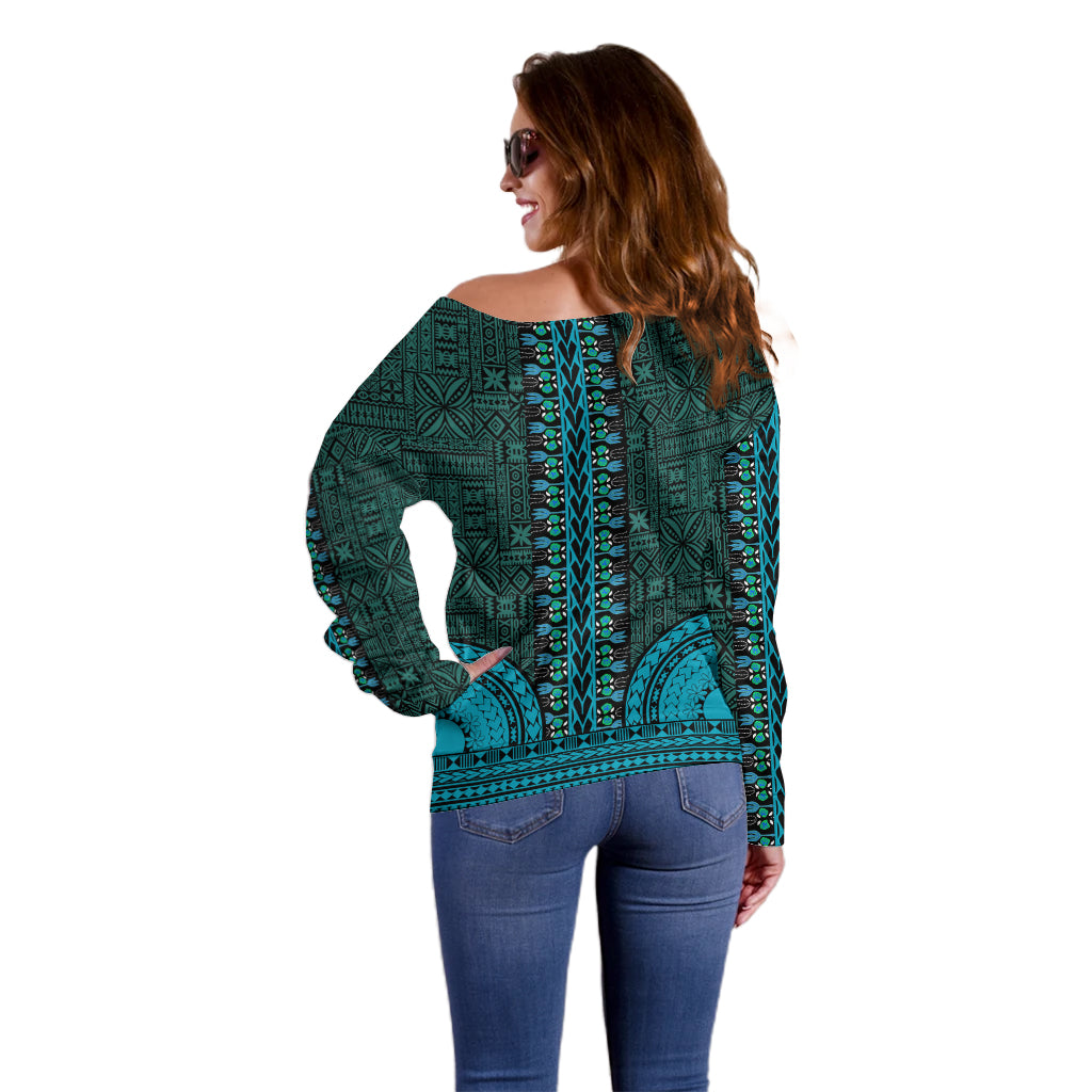 African Dashiki Off Shoulder Sweater With Tapa Pattern - Teal - Wonder Print Shop