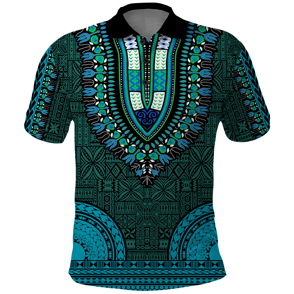African Dashiki Polo Shirt With Tapa Pattern - Teal - Wonder Print Shop