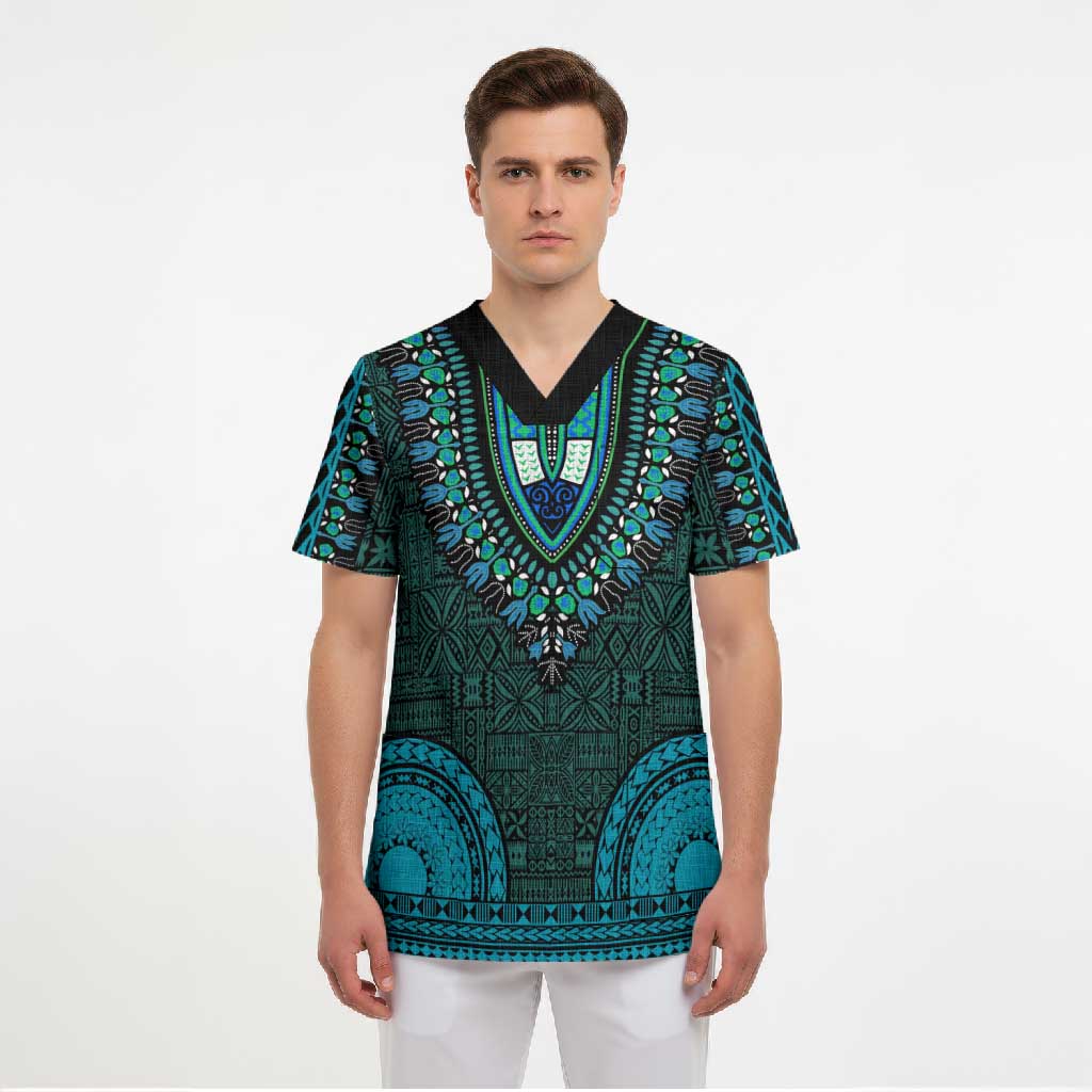 Teal Dashiki and Tapa Pattern Scrub Top Africa-Polynesia Together Culture