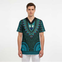 Teal Dashiki and Tapa Pattern Scrub Top Africa-Polynesia Together Culture