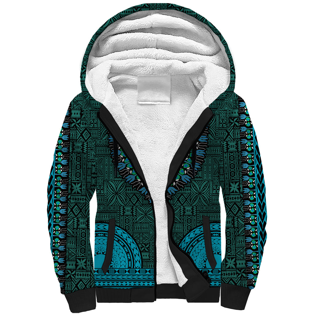 African Dashiki Sherpa Hoodie With Tapa Pattern - Teal - Wonder Print Shop