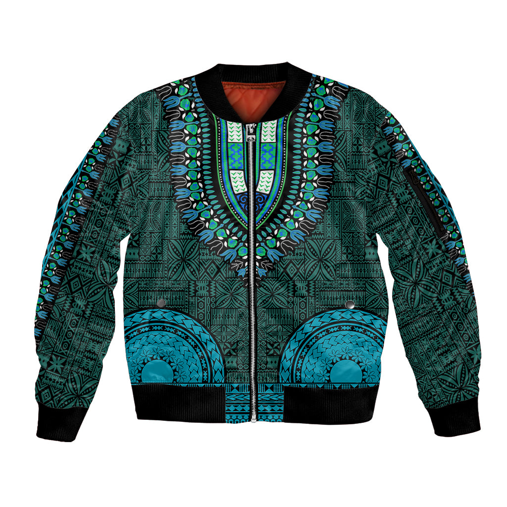 African Dashiki Sleeve Zip Bomber Jacket With Tapa Pattern - Teal - Wonder Print Shop