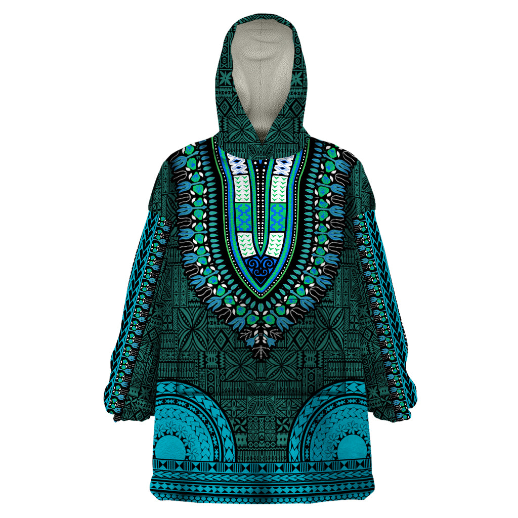 African Dashiki Wearable Blanket Hoodie With Tapa Pattern - Teal - Wonder Print Shop