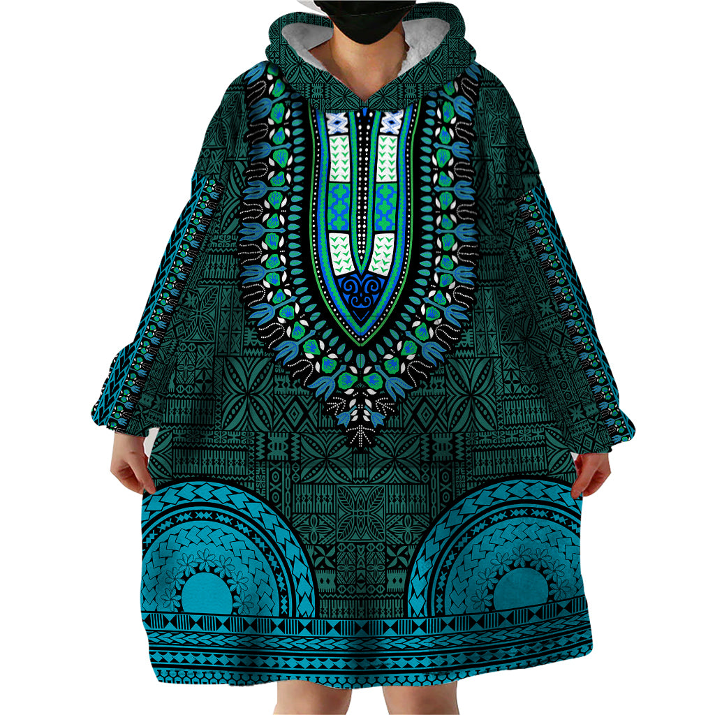 African Dashiki Wearable Blanket Hoodie With Tapa Pattern - Teal - Wonder Print Shop