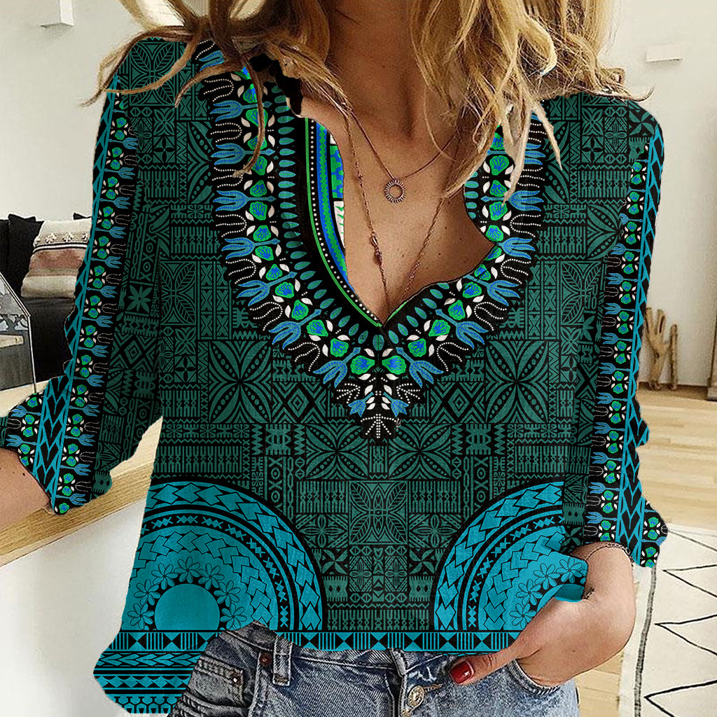 African Dashiki Women Casual Shirt With Tapa Pattern - Teal - Wonder Print Shop