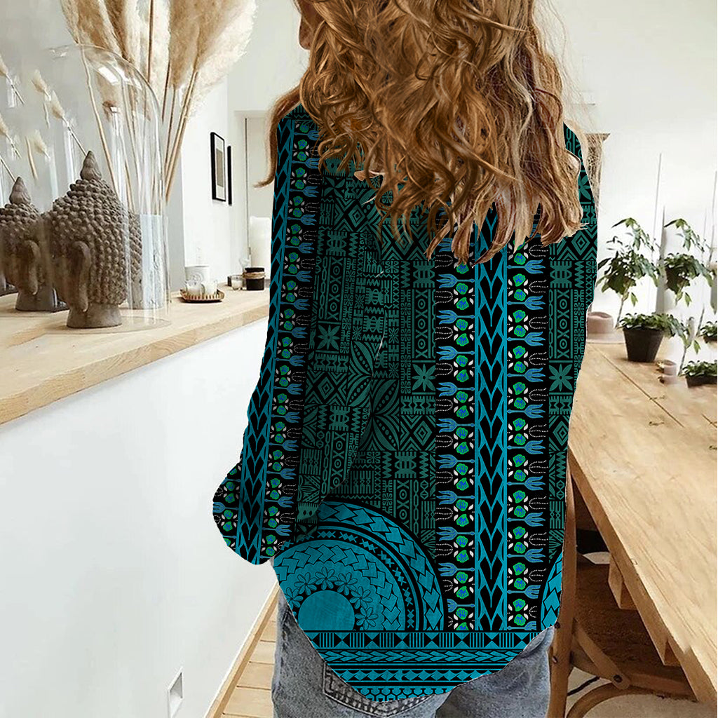 African Dashiki Women Casual Shirt With Tapa Pattern - Teal - Wonder Print Shop