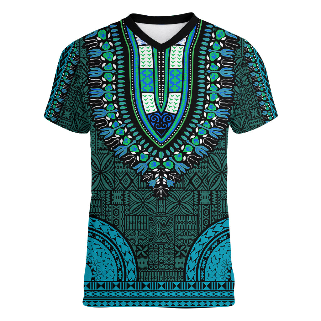 African Dashiki Women V Neck T Shirt With Tapa Pattern - Teal - Wonder Print Shop