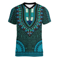 African Dashiki Women V Neck T Shirt With Tapa Pattern - Teal - Wonder Print Shop