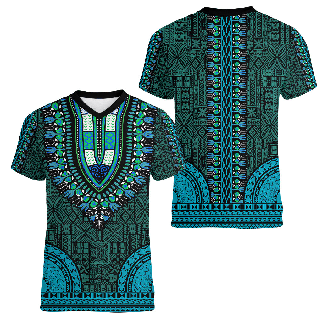 African Dashiki Women V Neck T Shirt With Tapa Pattern - Teal - Wonder Print Shop