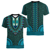 African Dashiki Women V Neck T Shirt With Tapa Pattern - Teal - Wonder Print Shop