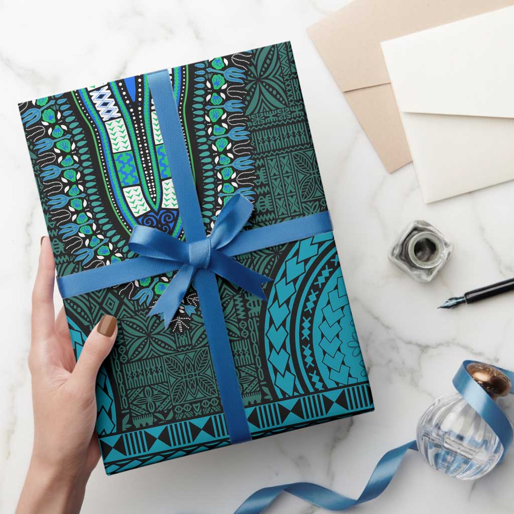 Teal Dashiki and Tapa Pattern Wrapping Paper Africa and Polynesia Together Culture - Wonder Print Shop