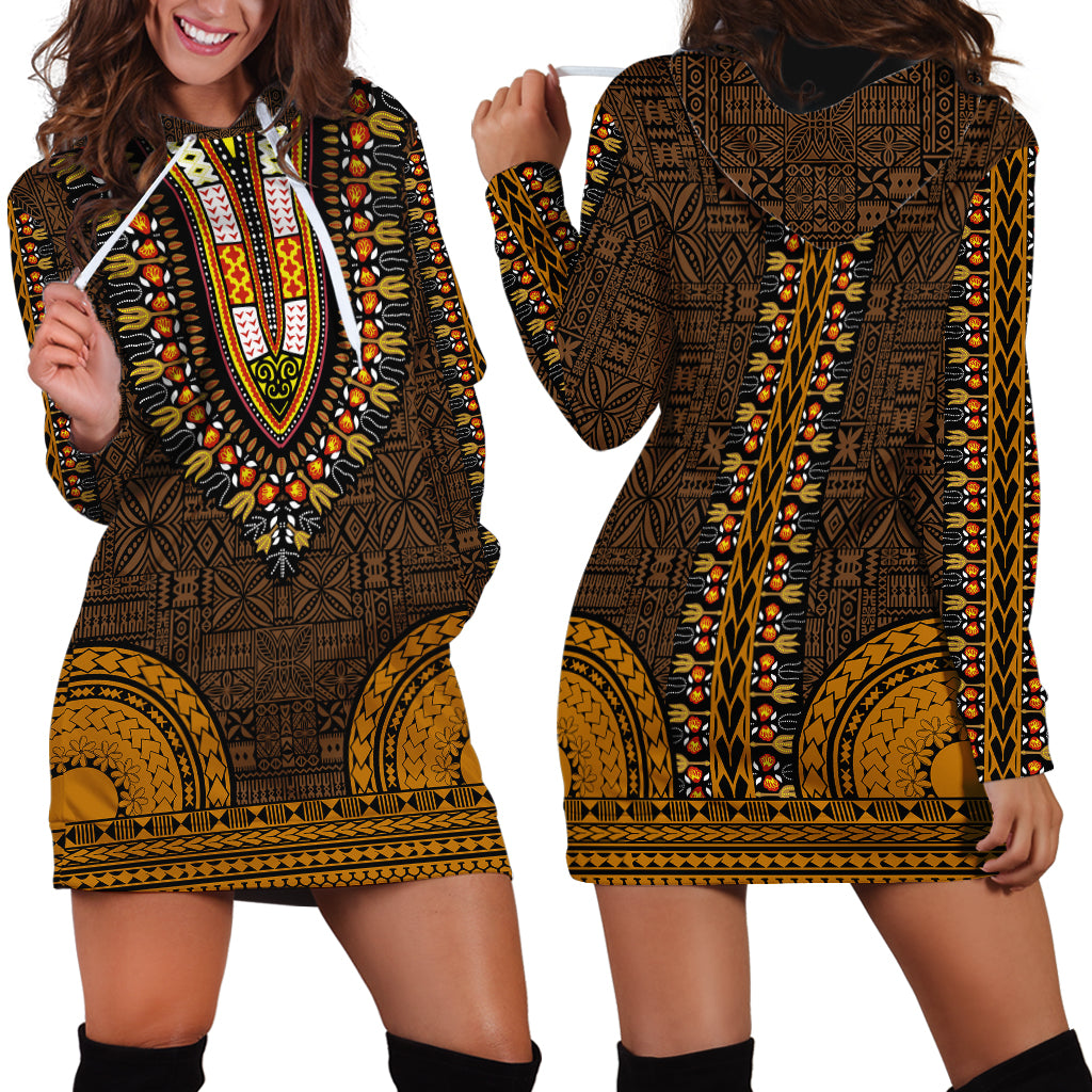 African Dashiki Hoodie Dress With Tapa Pattern - Gold - Wonder Print Shop