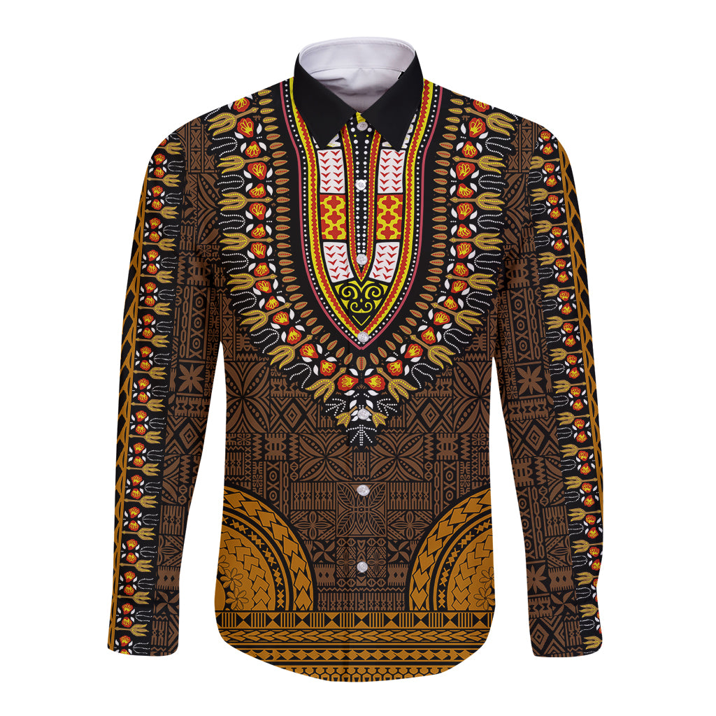 African Dashiki Long Sleeve Button Shirt With Tapa Pattern - Gold - Wonder Print Shop