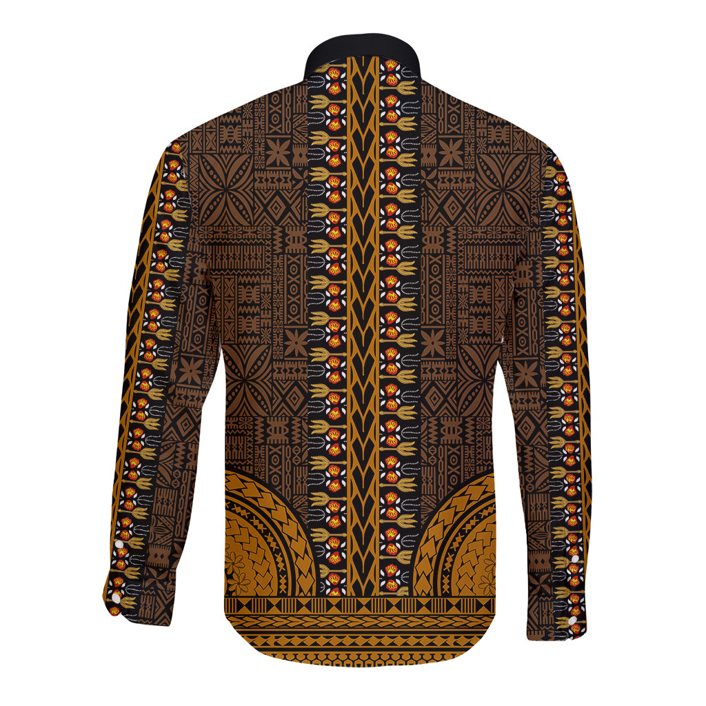 African Dashiki Long Sleeve Button Shirt With Tapa Pattern - Gold - Wonder Print Shop