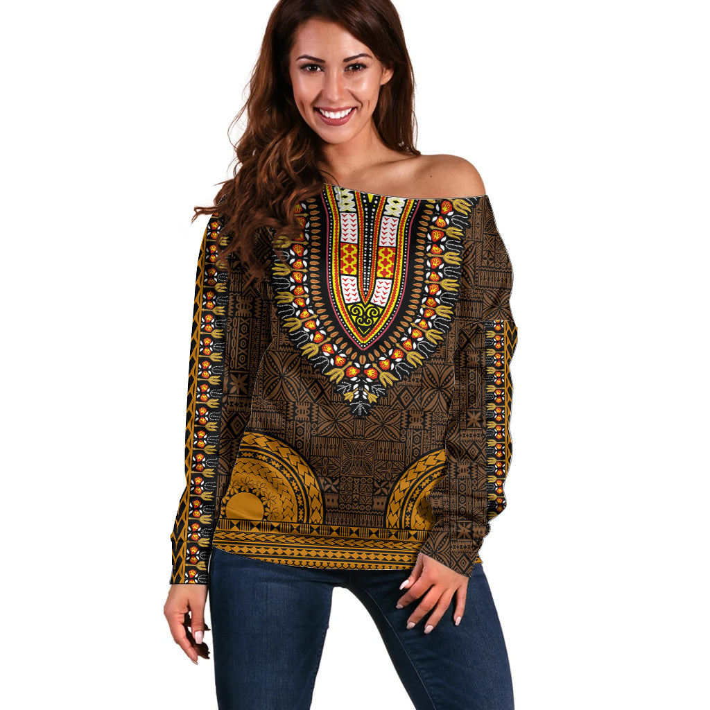 African Dashiki Off Shoulder Sweater With Tapa Pattern - Gold - Wonder Print Shop