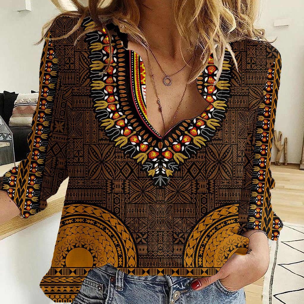 African Dashiki Women Casual Shirt With Tapa Pattern - Gold - Wonder Print Shop