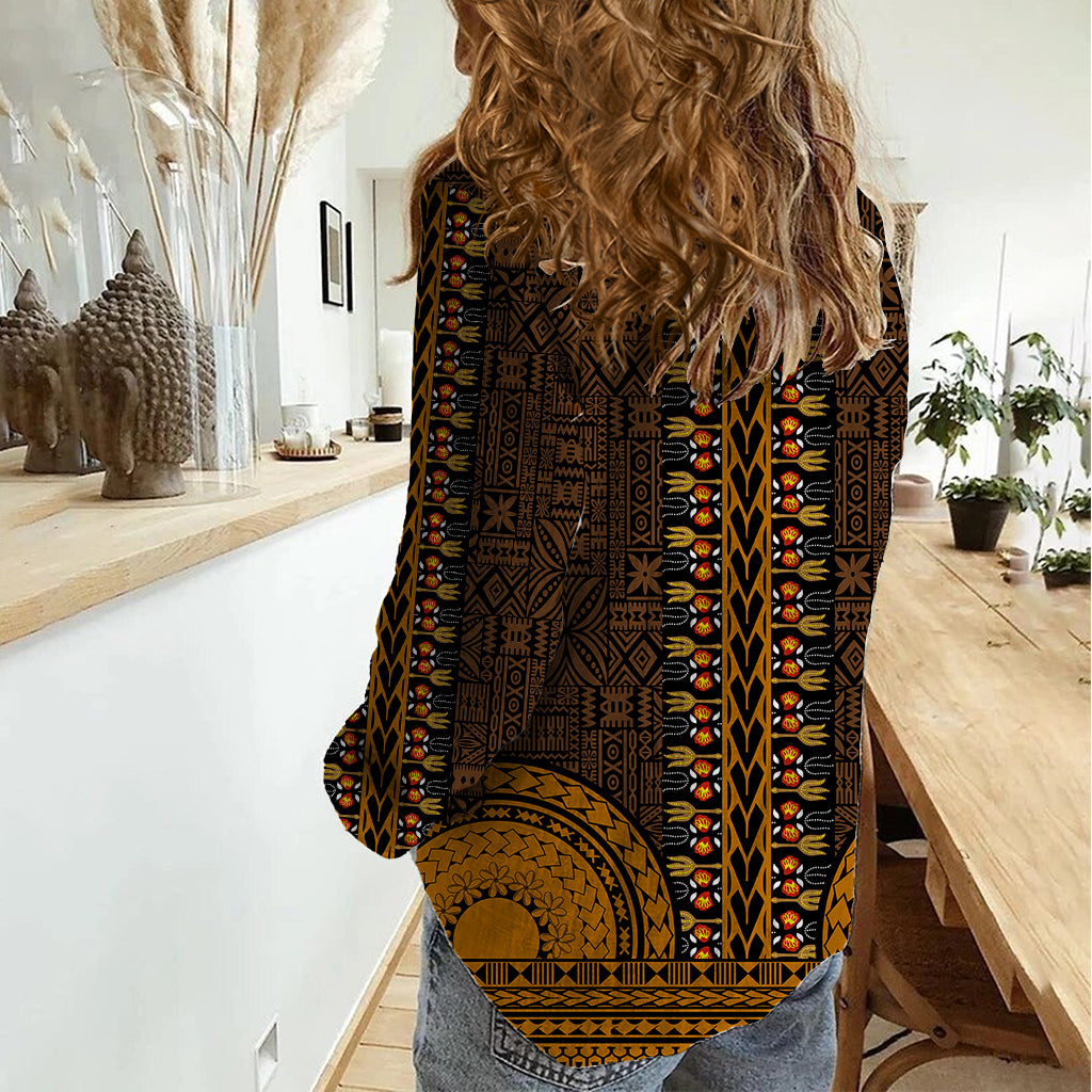 African Dashiki Women Casual Shirt With Tapa Pattern - Gold - Wonder Print Shop