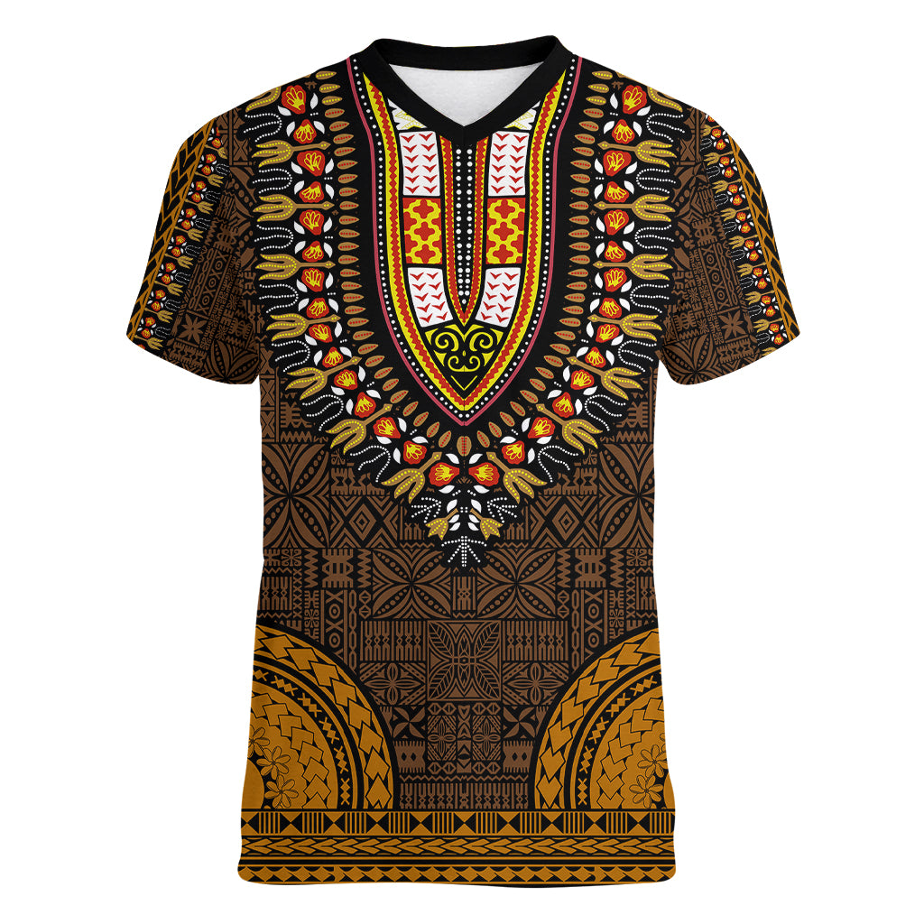 African Dashiki Women V Neck T Shirt With Tapa Pattern - Gold - Wonder Print Shop