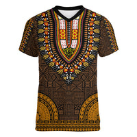 African Dashiki Women V Neck T Shirt With Tapa Pattern - Gold - Wonder Print Shop