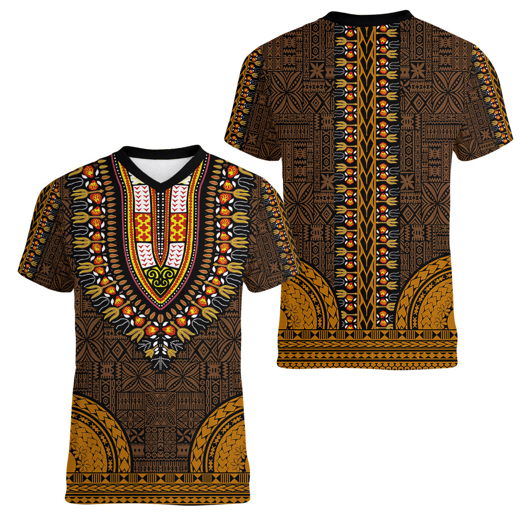African Dashiki Women V Neck T Shirt With Tapa Pattern - Gold - Wonder Print Shop